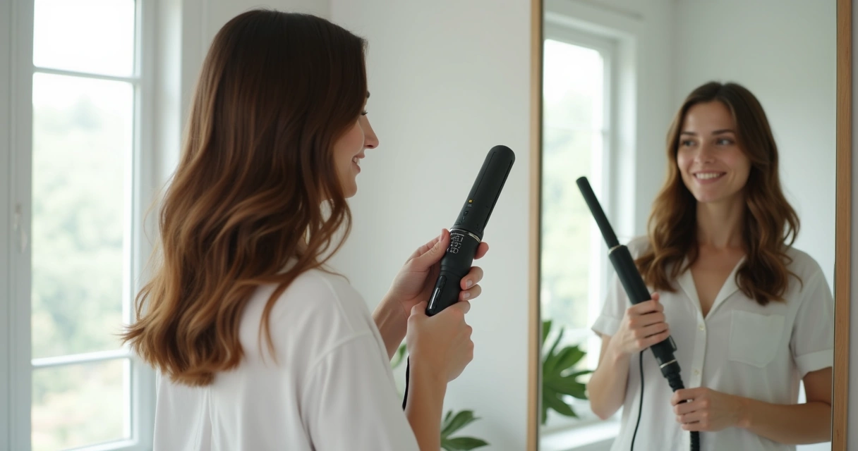 Pessoa usando chapinha profissional em casa na frente do espelho, ambiente clean 