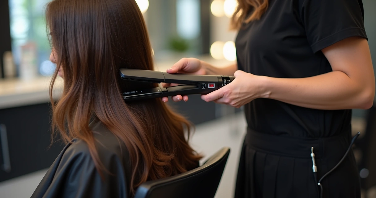 Prancha de cabelo profissional em uso em salão de beleza 