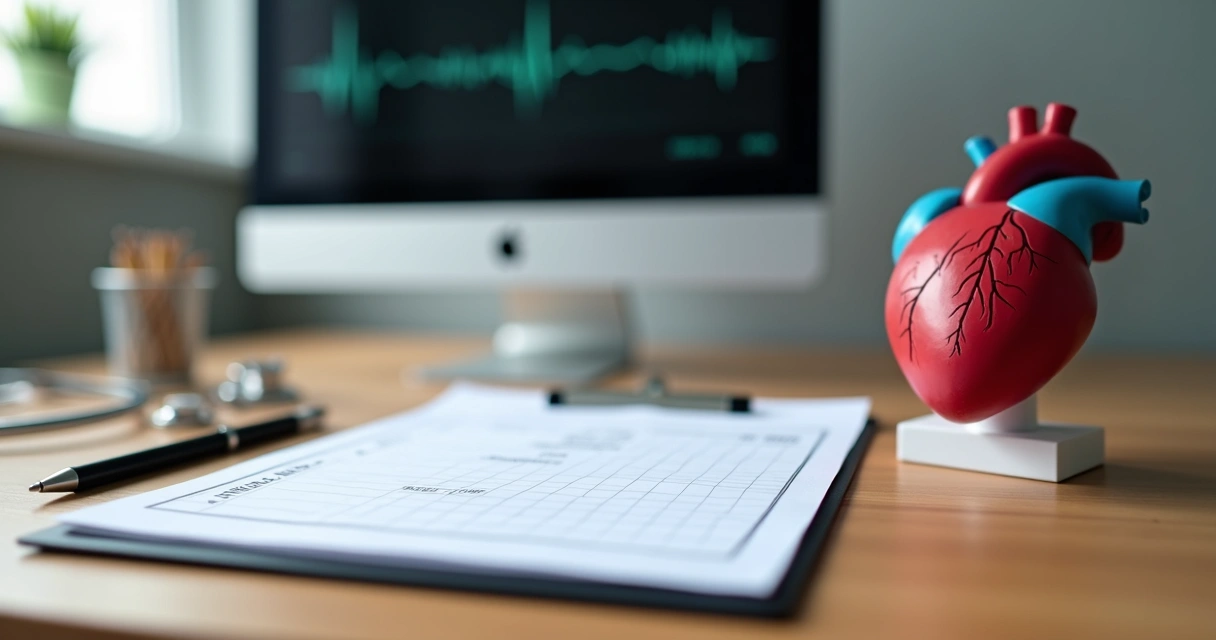 Prancheta com esquema do Heart Score ao lado de modelo em forma de coração humano 