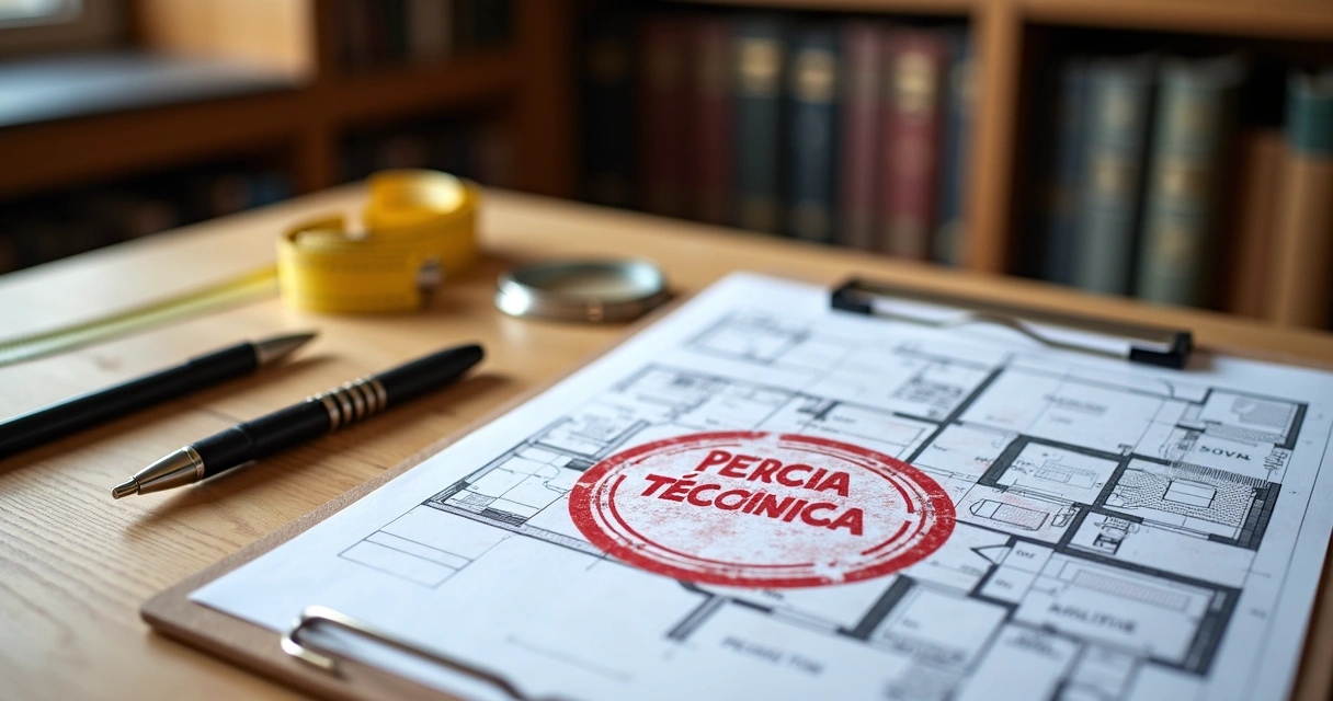 Prancheta com planta baixa e selo de perícia técnica 
