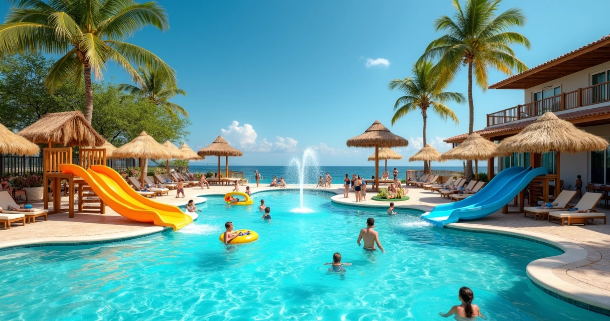 Piscina infantil com brinquedos aquáticos em resort 