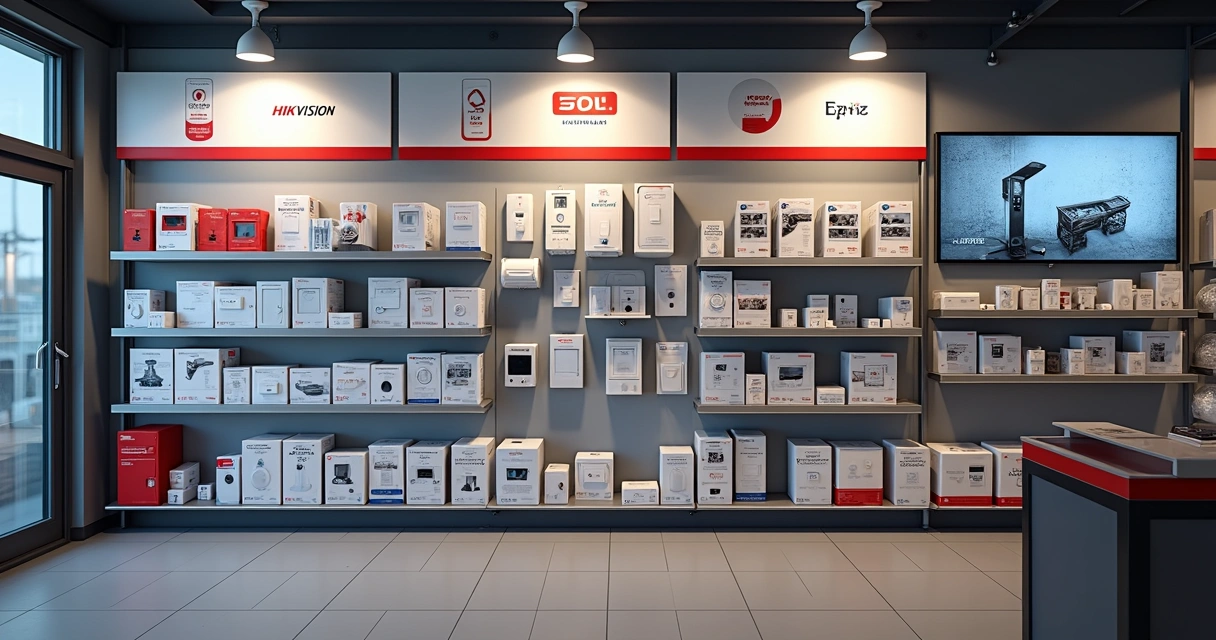 Prateleira com câmeras de segurança, alarmes e sensores em loja de segurança eletrônica