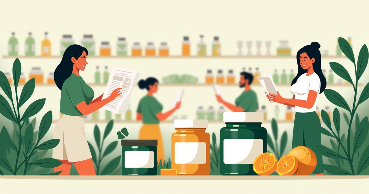 Ilustração de prateleira de suplementos com frascos destacados, seal de certificação e consumidores analisando produtos em loja.