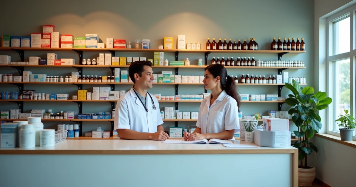 Prateleiras com frascos e cápsulas de medicamentos manipulados e industrializados lado a lado 