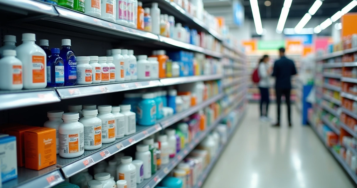 Prateleira de farmácia organizada com diversos produtos e medicamentos 