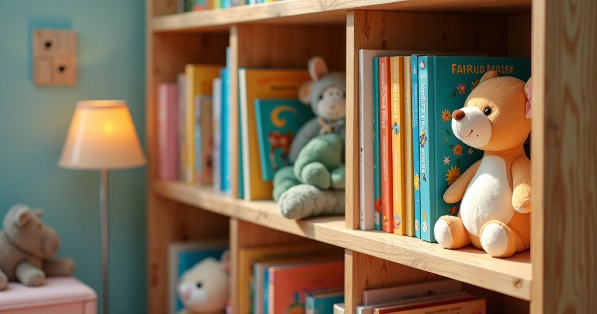 Prateleira com livros e objetos de histórias infantis 