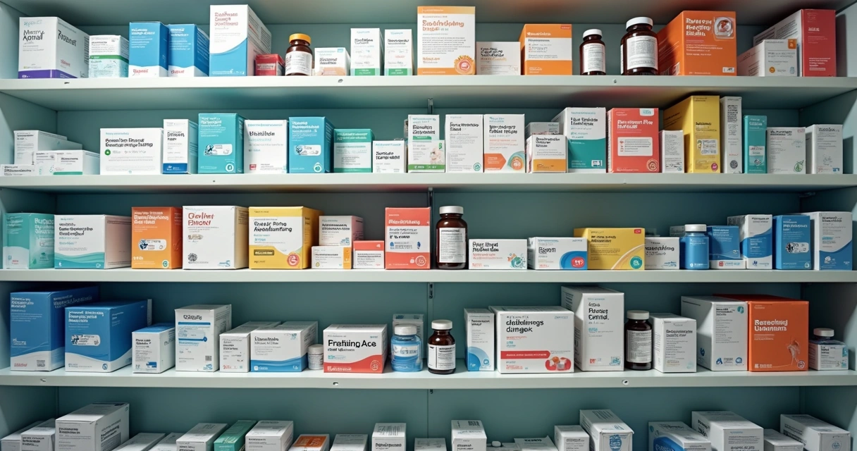 Prateleira de farmácia com medicamentos genéricos, similares e referência organizados 
