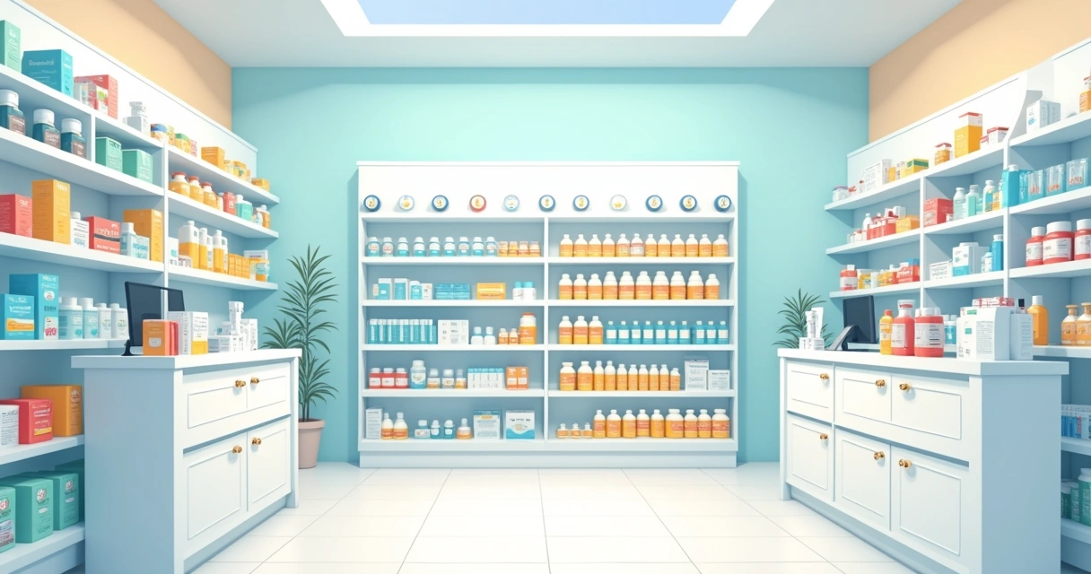 Prateleira de farmácia com medicamentos organizados e etiquetas visíveis 