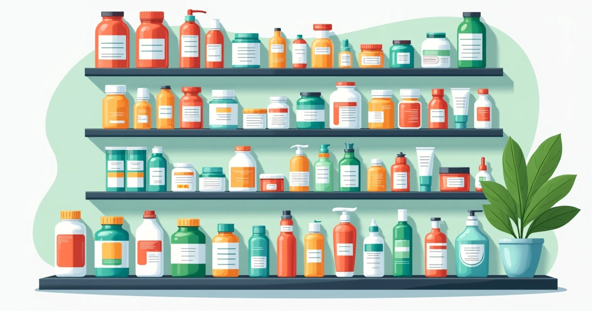 Prateleira de farmácia com medicamentos, cosméticos e itens de higiene alinhados 
