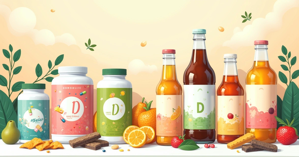 Prateleira vibrante com produtos nutracêuticos: probióticos, vitamina D, kombucha e snacks saudáveis.