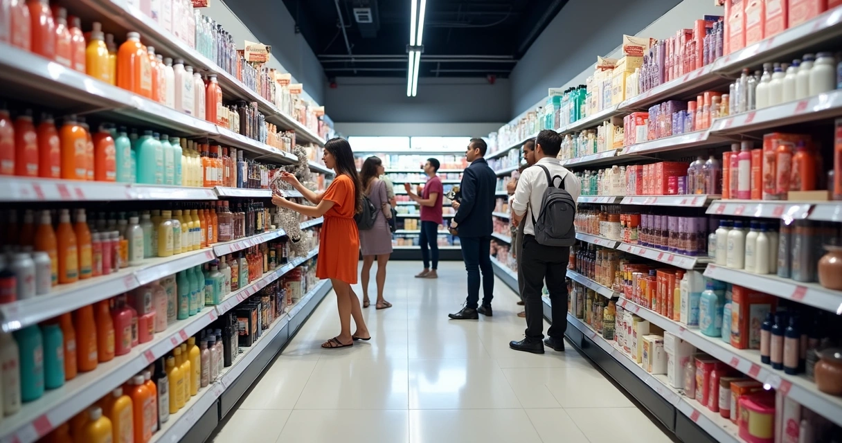 Prateleira de supermercado com variedade de produtos de beleza, incluindo shampoos, finalizadores, óleos e maquiagens 