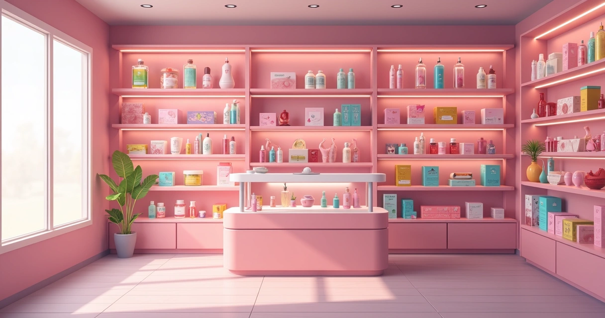 Prateleira de produtos variados de sex shop com acessórios e cosméticos 