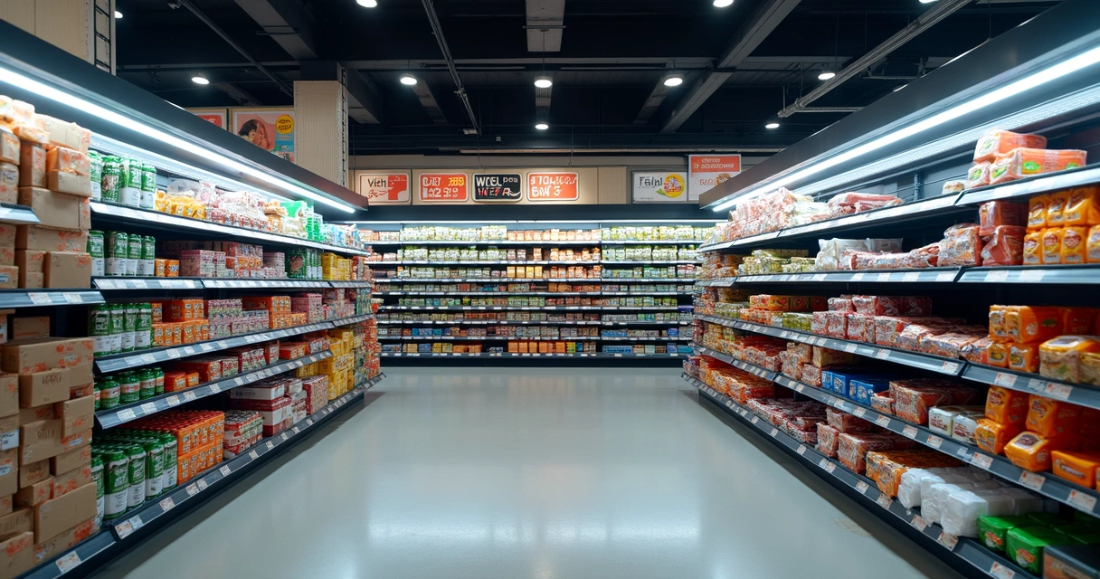 Prateleiras bem organizadas com etiquetas digitais de preços em supermercado 