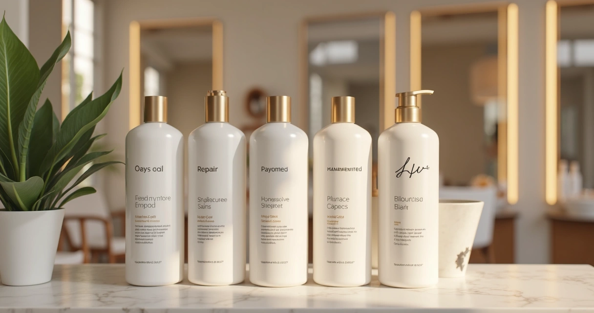 Prateleira de salão com shampoos profissionais organizados 