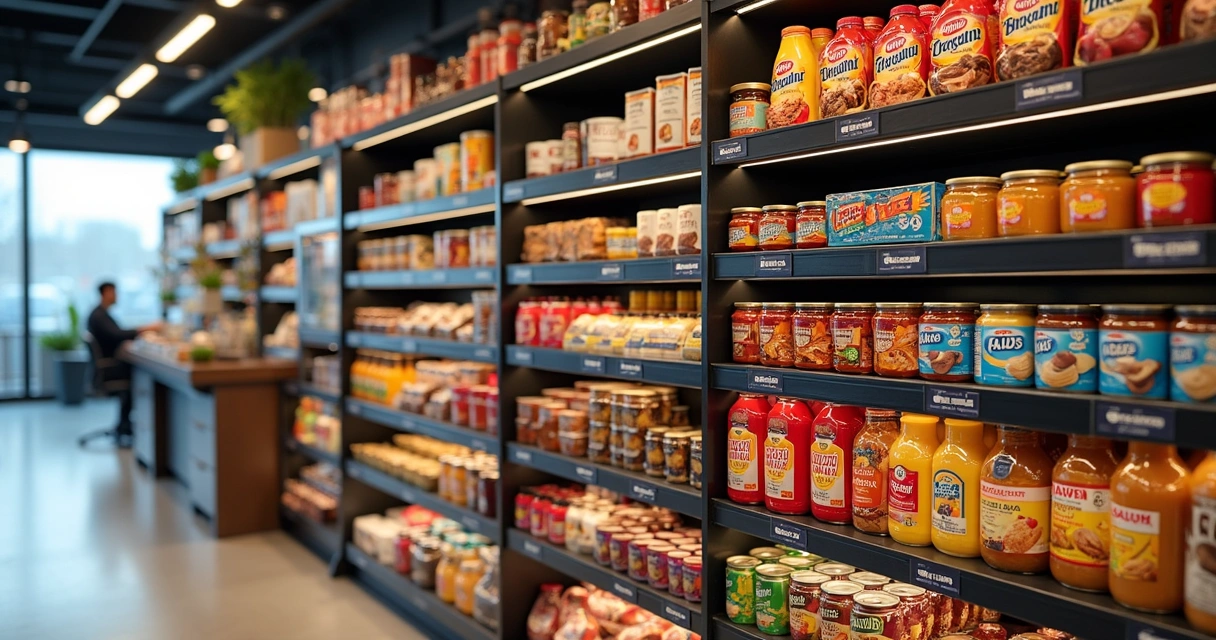 Prateleira com snacks e bebidas internacionais em minimercado corporativo 