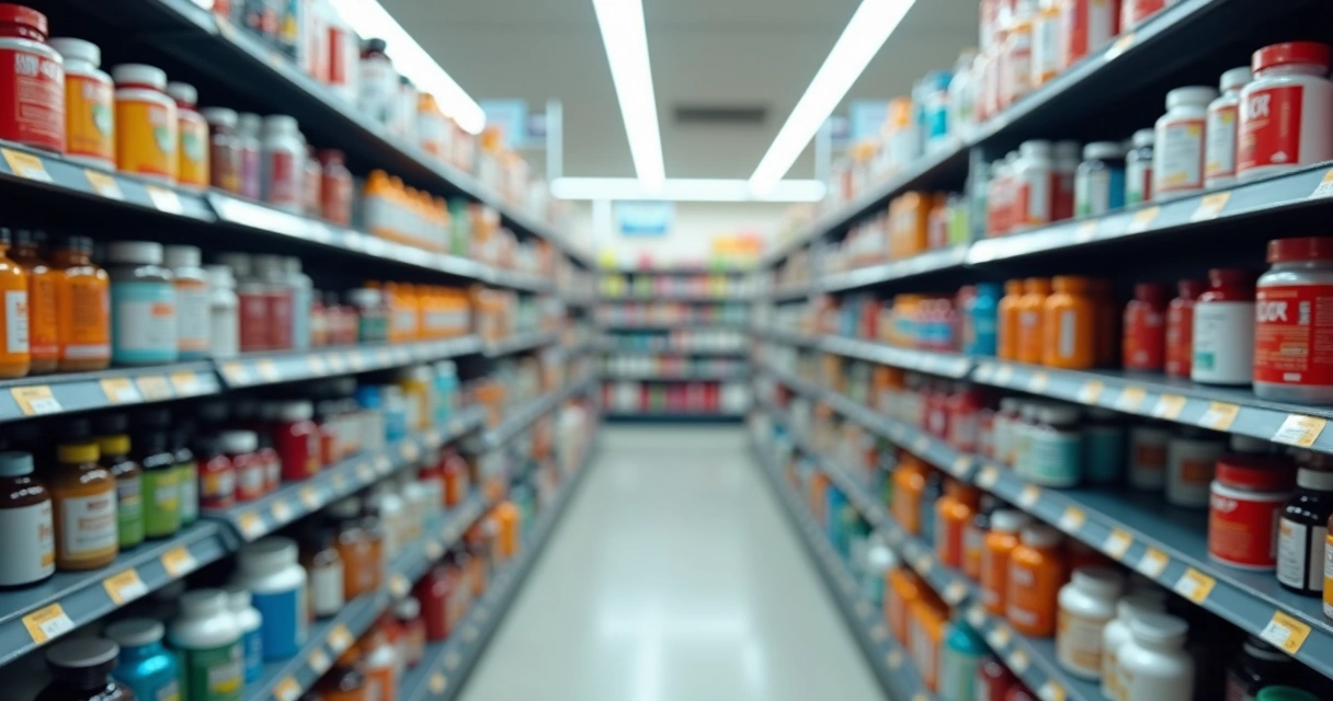 Prateleira com frascos coloridos de suplementos organizados