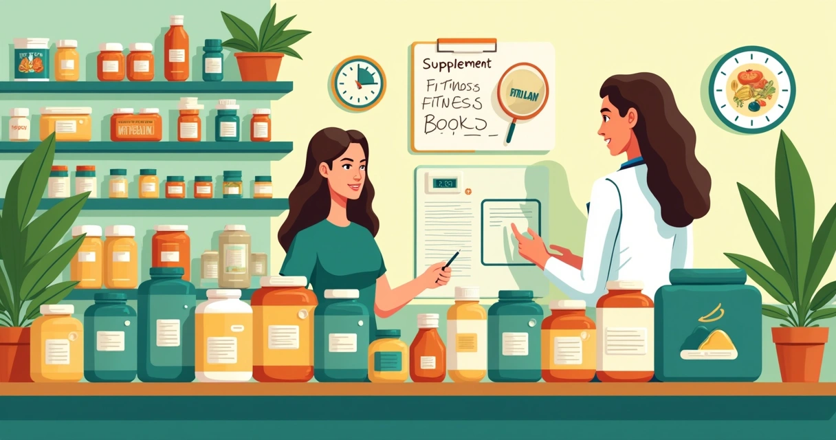 Prateleira organizada de suplementos com rótulos, consultor e cliente em uma loja de nutrição.