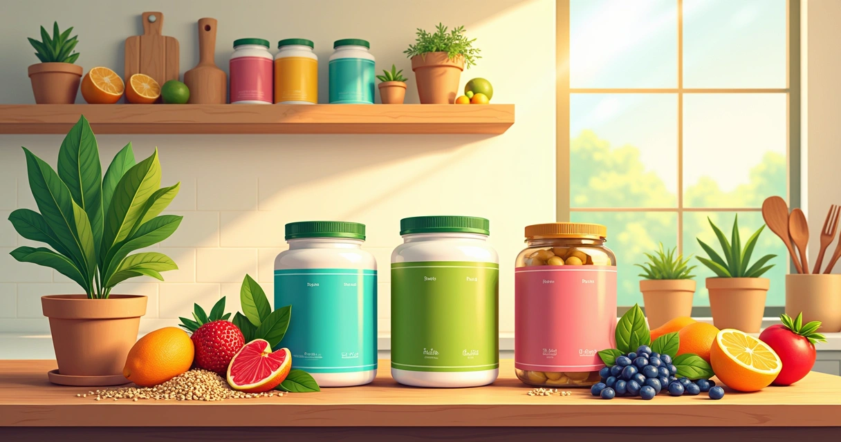 Prateleira de suplementos veganos coloridos em uma cozinha iluminada, com frutas e ervas ao redor.