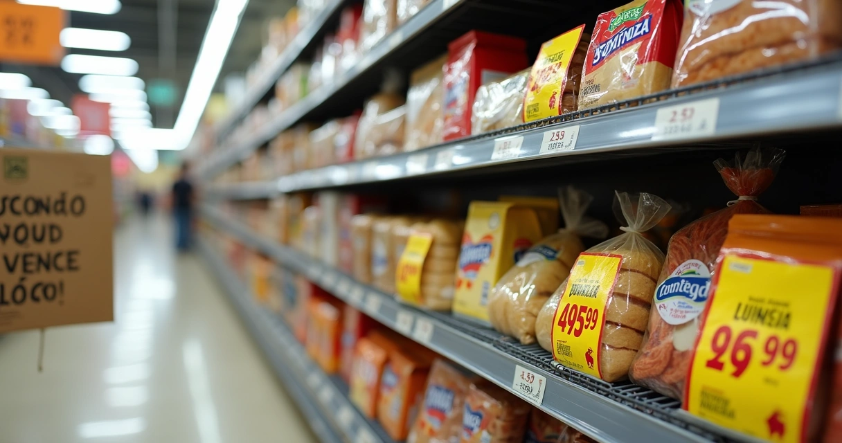 Prateleira de supermercado com produtos em promoção por validade próxima 