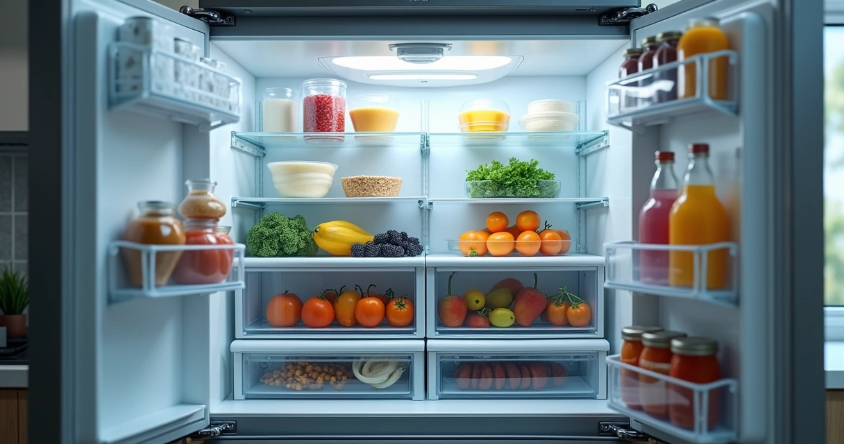 Prateleiras ajustáveis e gavetas dentro de geladeira aberta 