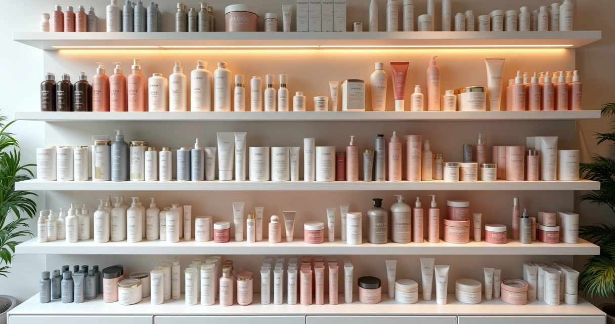Estantes organizadas com cosméticos variados de diferentes marcas 