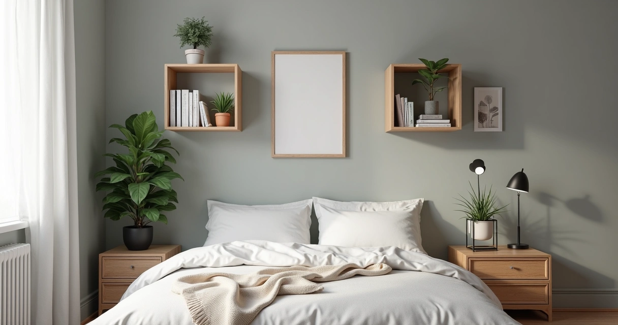 Prateleiras e nichos organizando parede de quarto de casal 