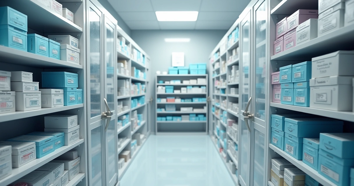 Prateleiras organizadas com caixas de materiais odontológicos 