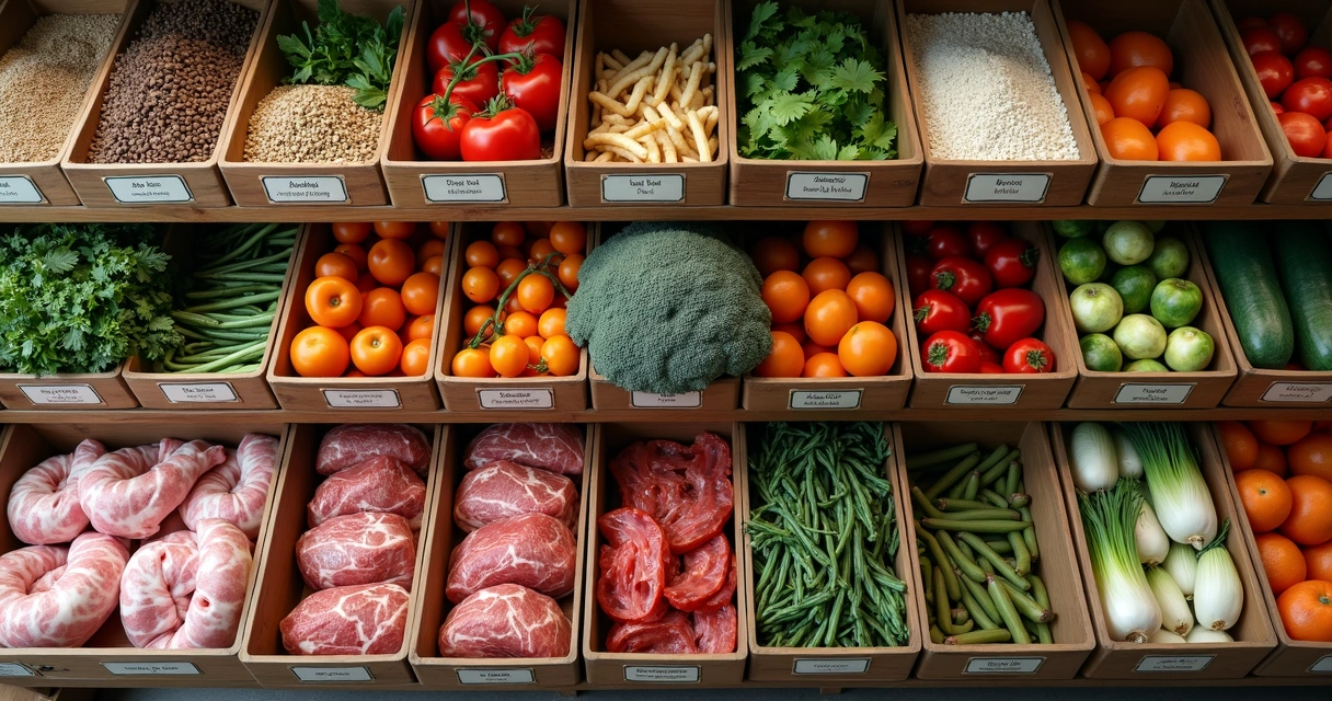 Prateleiras organizadas com ingredientes separados por categoria 