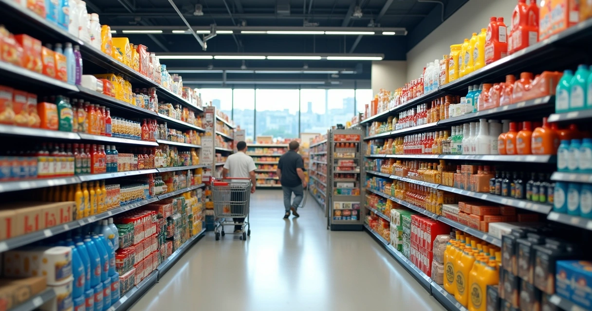 Prateleiras de supermercado organizadas com diversos produtos 