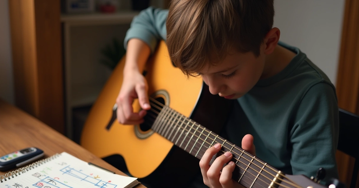 Pessoa praticando violão, dedos errando nas cordas, papel com rascunho ao lado 