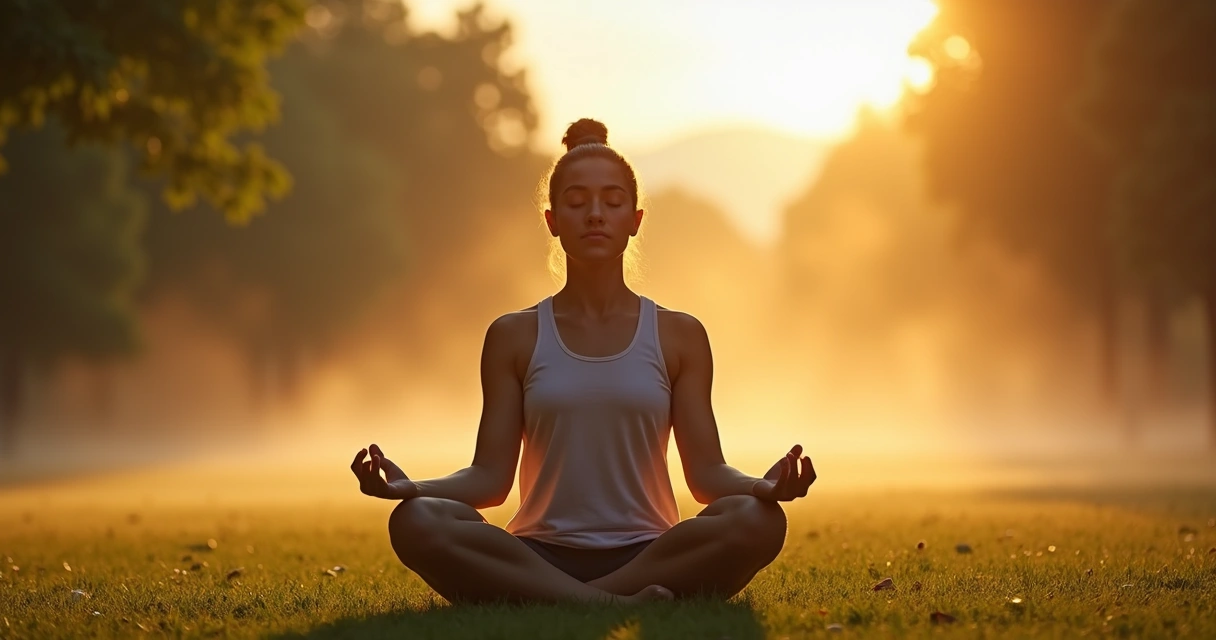 Pessoa em posição de meditação em um parque ao amanhecer