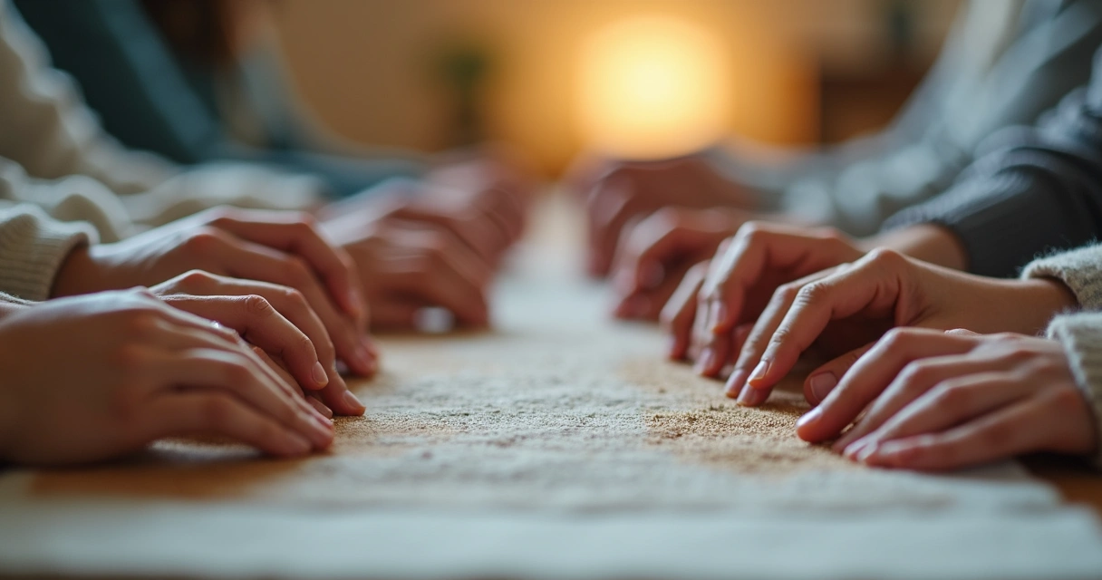 Mãos tocando diferentes texturas e olhos fechados em atenção plena 