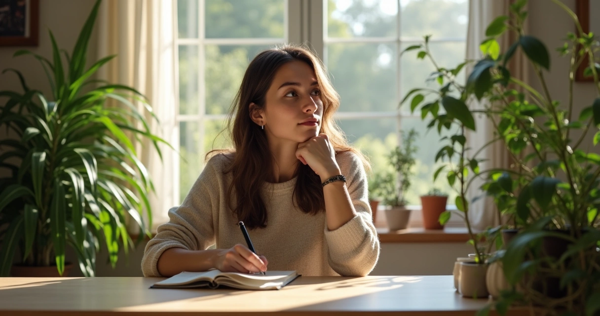 Pessoa sentada em silêncio, anotando em um caderno, rodeada por luz suave e plantas 