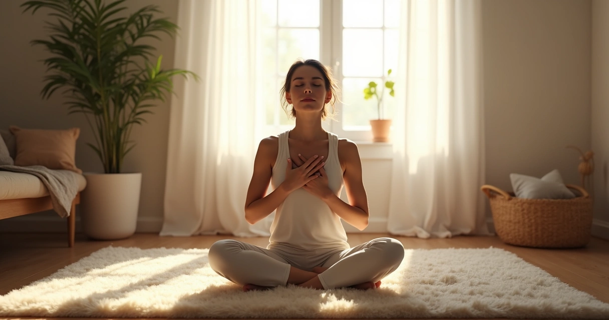 Pessoa praticando autoacolhimento sentada num tapete, luz suave e ambiente de casa 