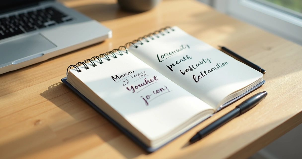 Caderno aberto com frases motivacionais escritas à mão, caneta ao lado 