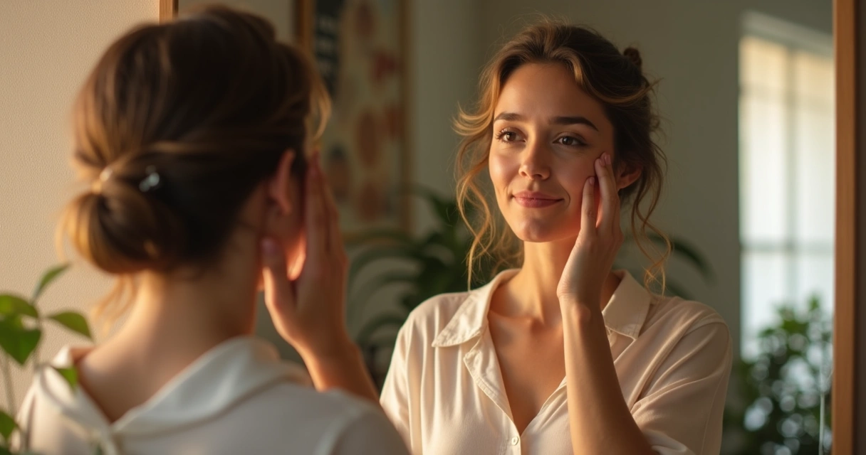Pessoa olhando para si no espelho, expressão serena e acolhedora 
