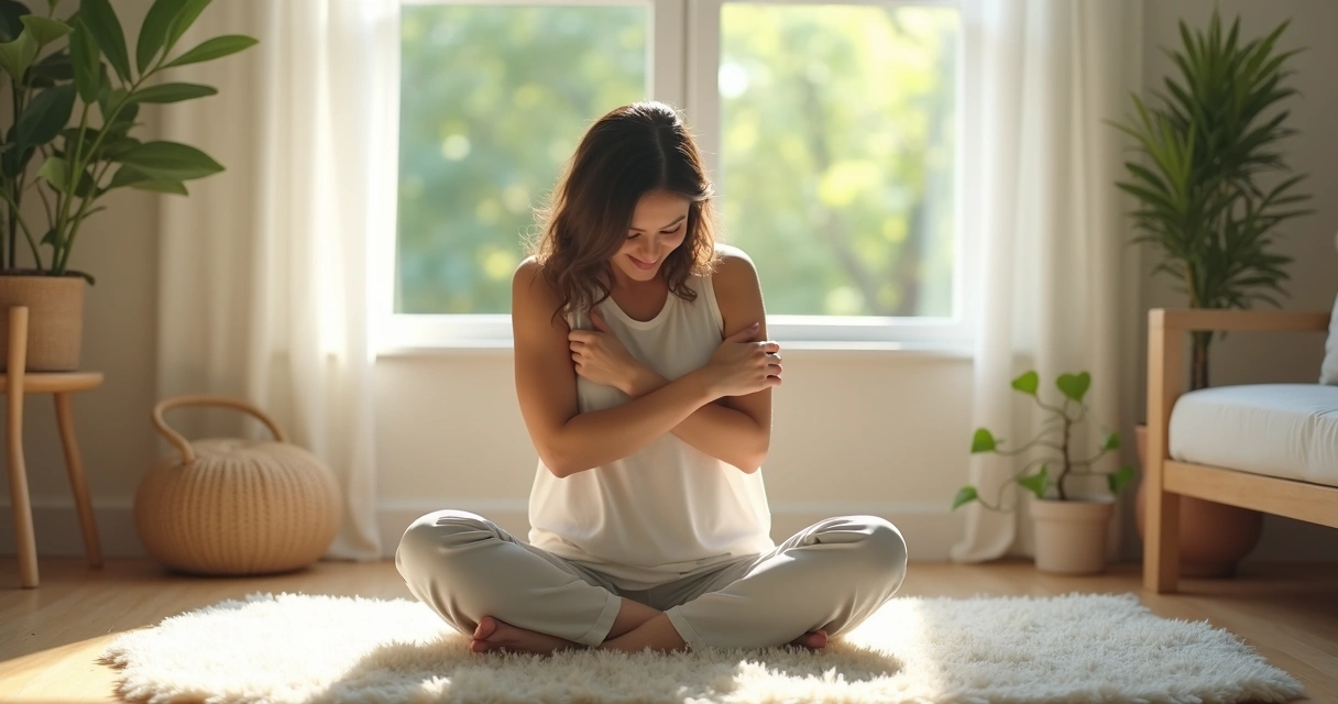Pessoa sentada, abraçando a si mesma em ambiente tranquilo