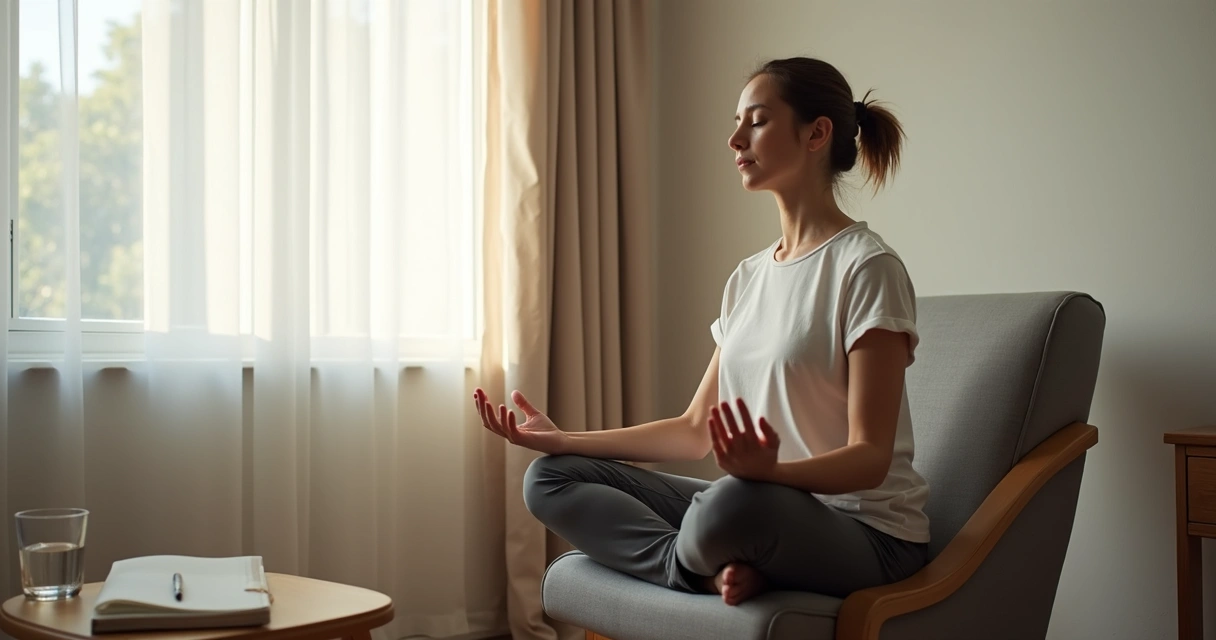 Pessoa sentada praticando respiração consciente em ambiente calmo