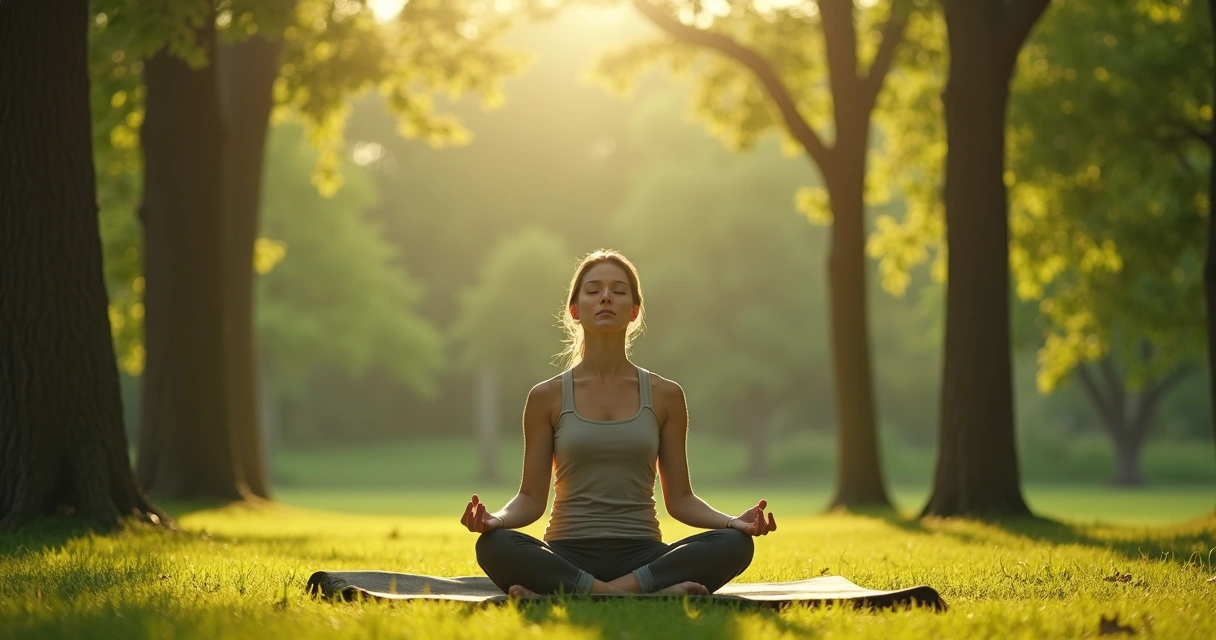 Pessoa sentada ao ar livre em postura meditativa com natureza ao fundo 
