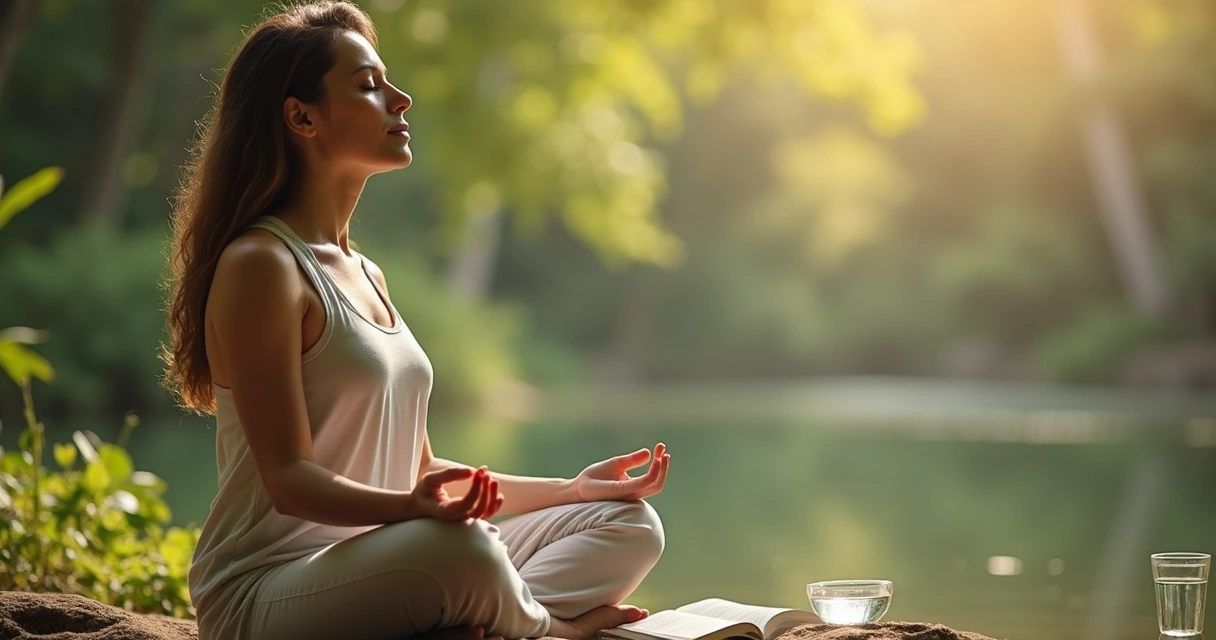Pessoa de olhos fechados, sentada em posição confortável, cercada de elementos naturais 