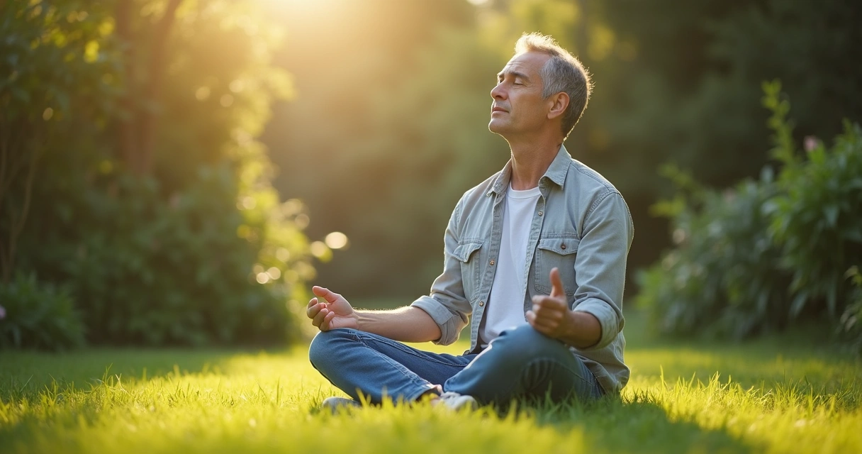 Pessoa sentada em um jardim de olhos fechados em postura meditativa 