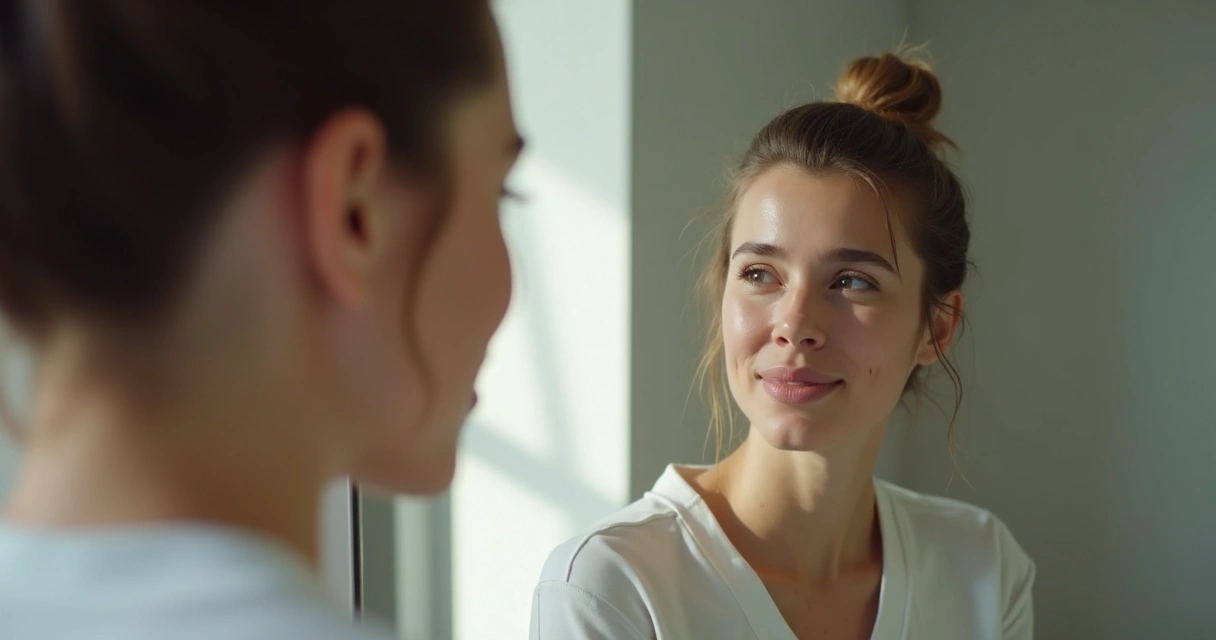 Pessoa refletindo diante do espelho, transmitindo autopercepção e mudança interna 