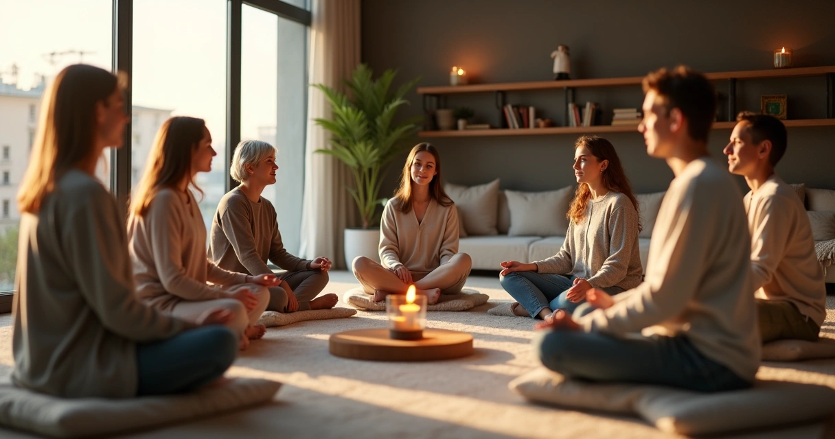 Grupo de pessoas meditando em círculo em um ambiente tranquilo 