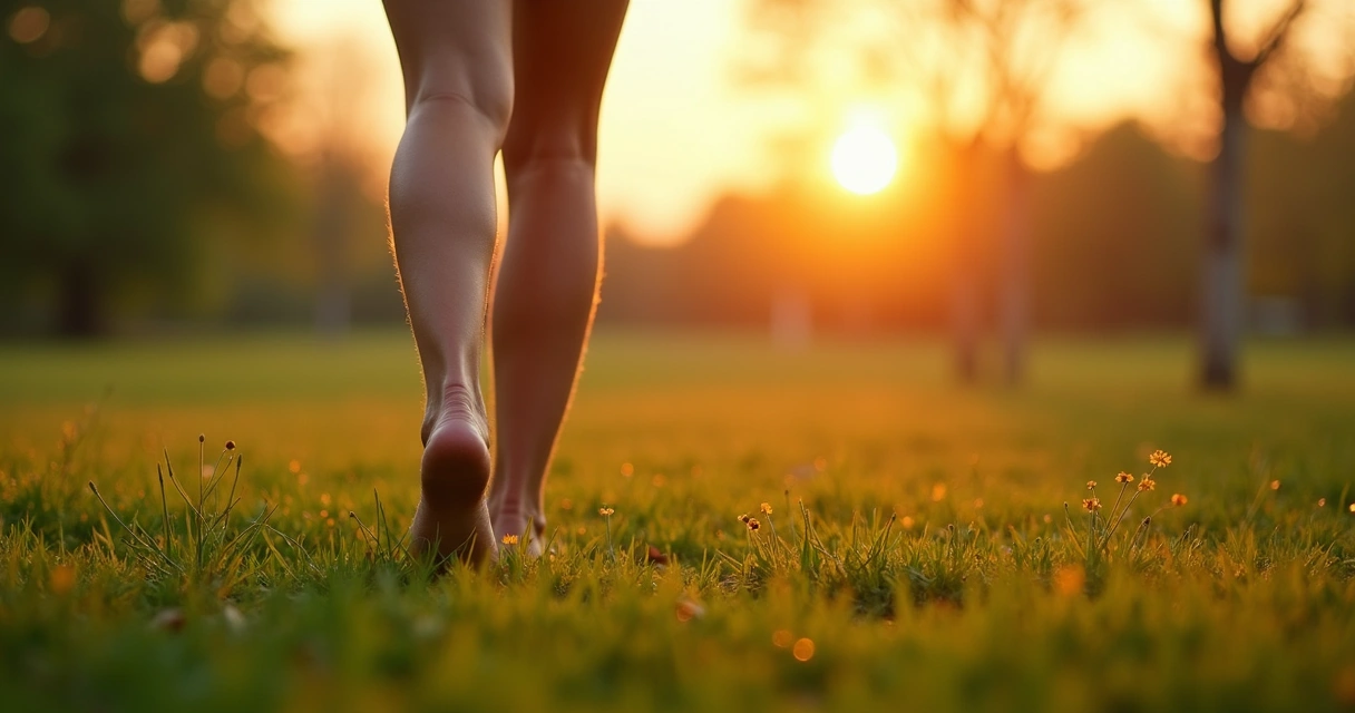 Pessoa caminhando descalça em gramado ao nascer do sol 