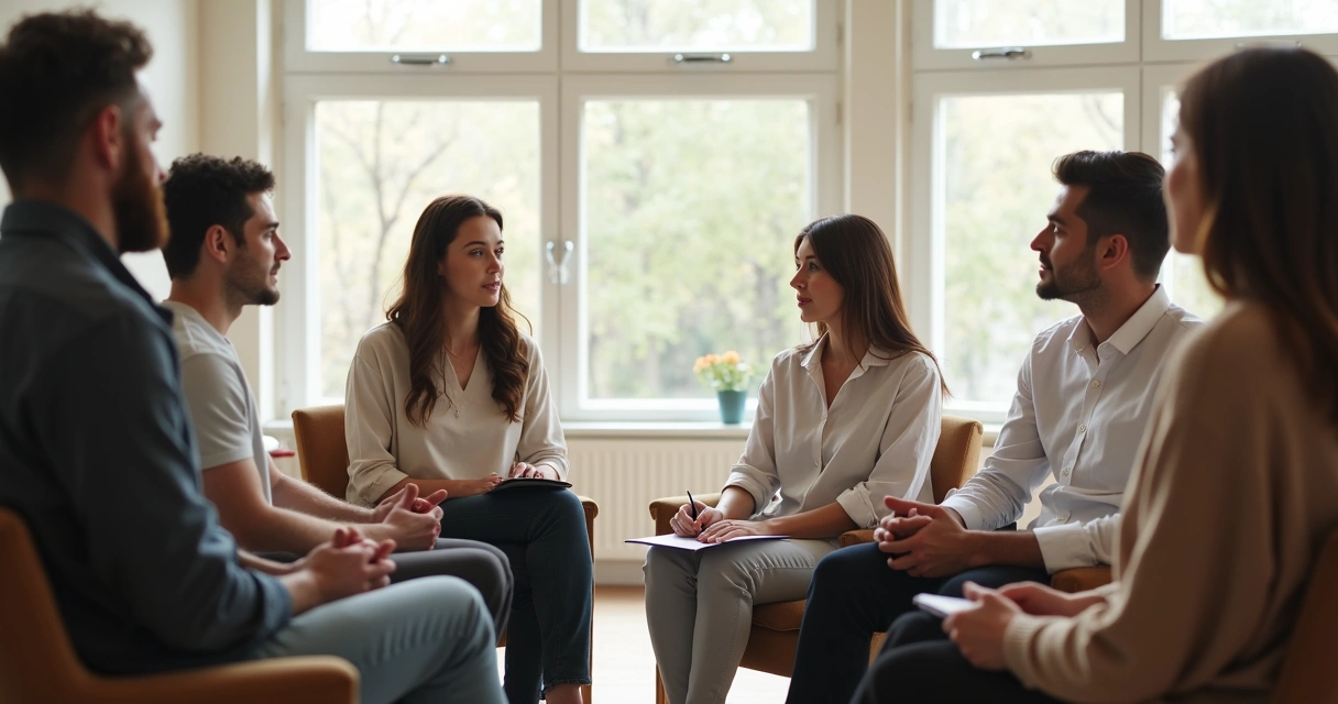 Pessoa sentada em grupo, todos em postura atenta, trocando ideias olhando nos olhos 