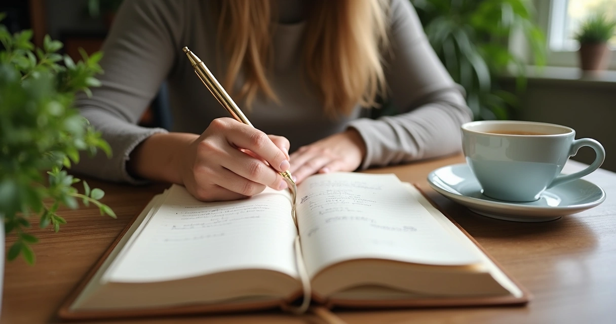 Pessoa anotando motivos de gratidão em um caderno, mesa de madeira e ambiente calmo. 