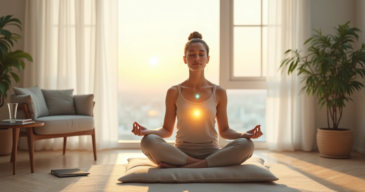 Pessoa sentada em posição de meditação em sala clara com ilustrações suaves de ondas emocionais ao redor 