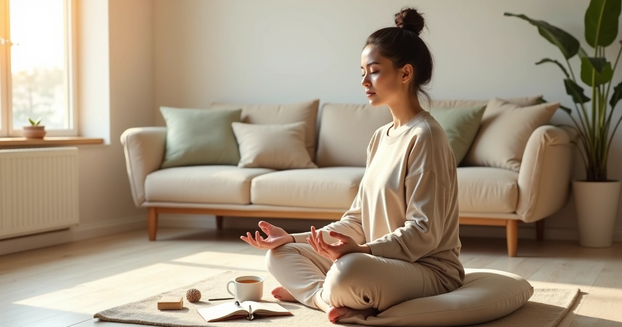 Pessoa sentada em silêncio praticando autoconsciência em um ambiente calmo e iluminado 