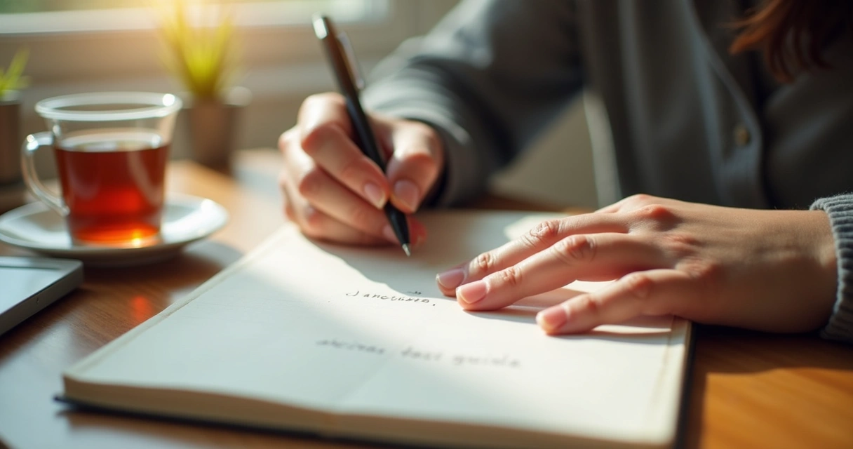 Pessoa escrevendo em diário, sorrindo levemente, luz suave vinda da janela 