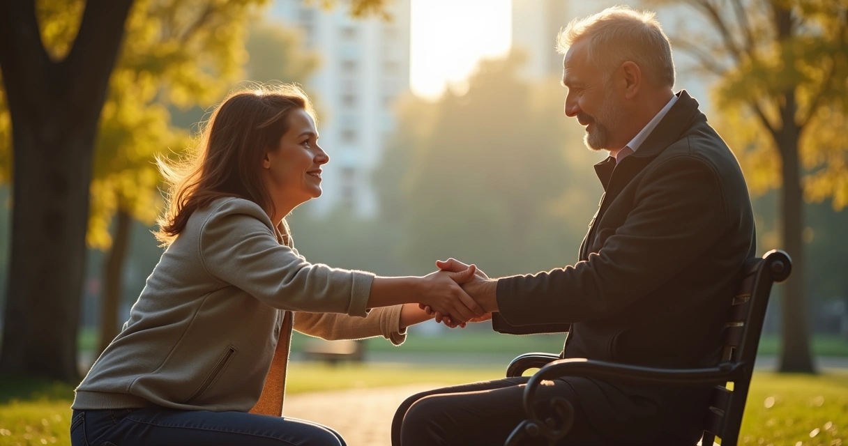 Pessoa oferecendo ajuda a alguém que está sentado em um banco 